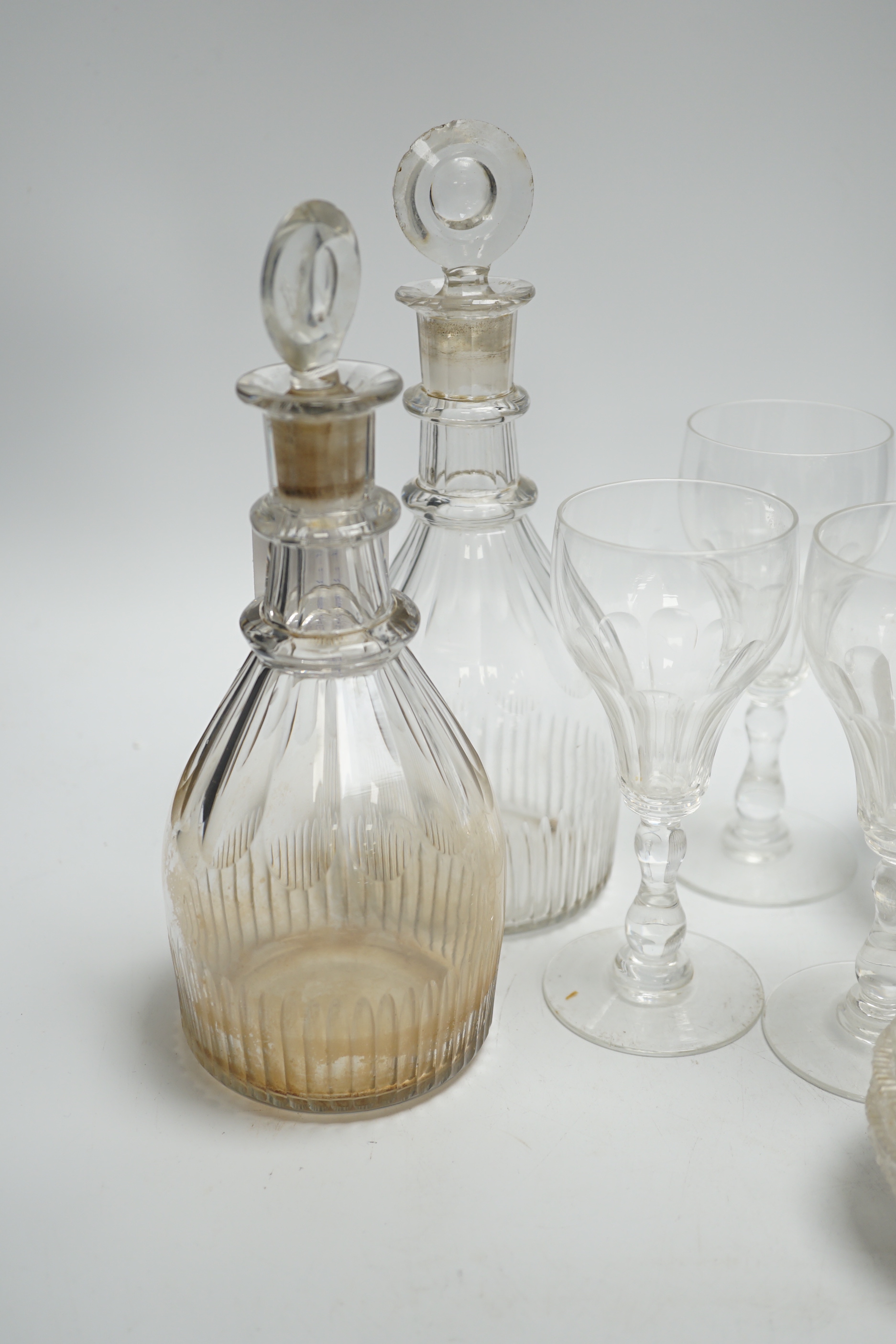 A pair of 19th century cut glass decanters, a collection of salts, etc., decanters 23.5cm including stoppers (11)